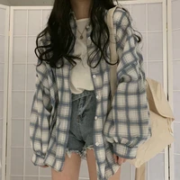 2021 plus size turn down collar white shirt button up casual tops oversize new arrival women vintage plaid blouse lantern sleeve
