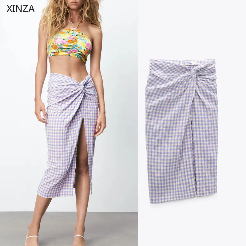 

Za 2021 Women Knotted Gingham Check Skirt Summer High Waist Slit Midi Skirts Woman Chic Back Zip Slim Ruched Vintage Skirts