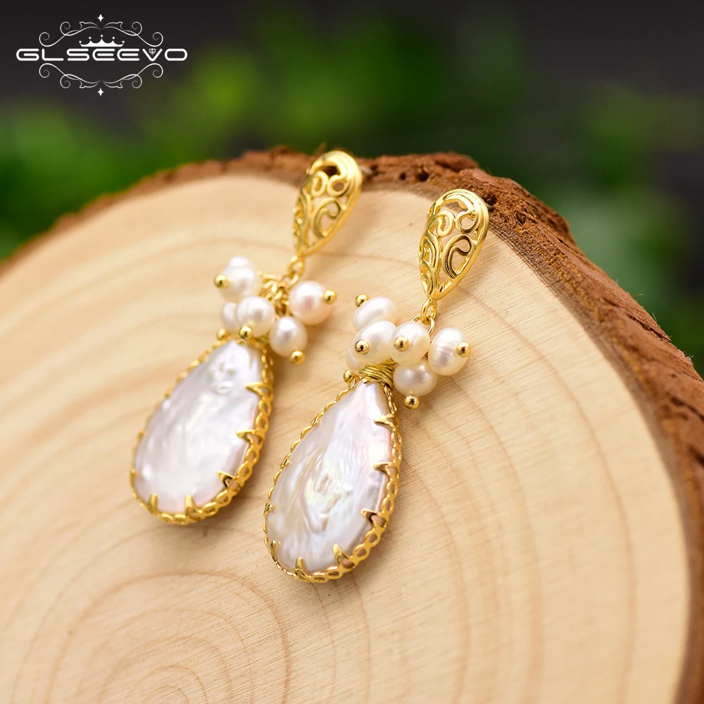 

GLSEEVO Natural Freshwater Baroque Water Drop Pearl Earrings For Women Gifts Heart Dangle Earrings Luxury Fine Jewlery GE0666