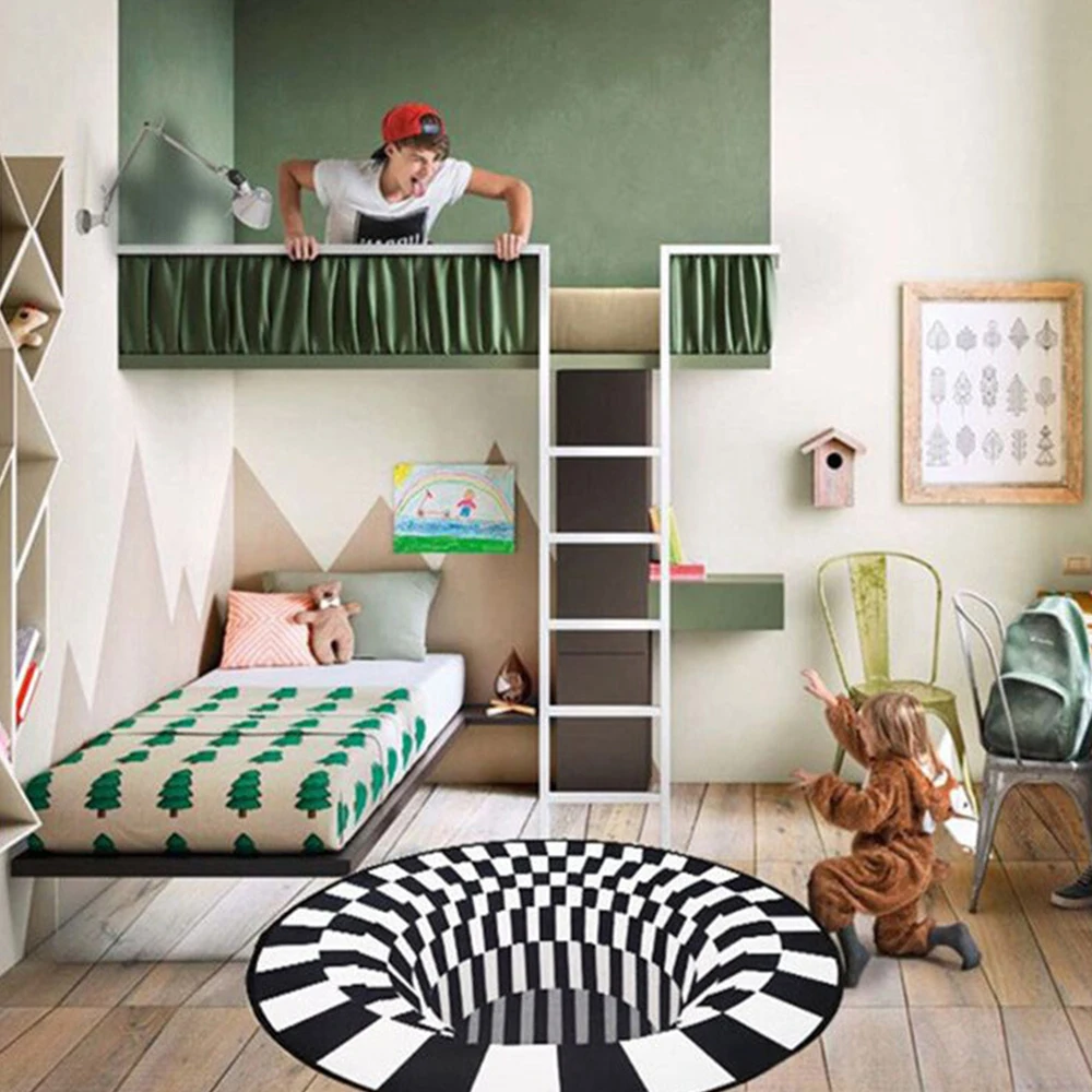 Круглый коврик в клетку Вихревой с оптической иллюзией прочный нескользящий