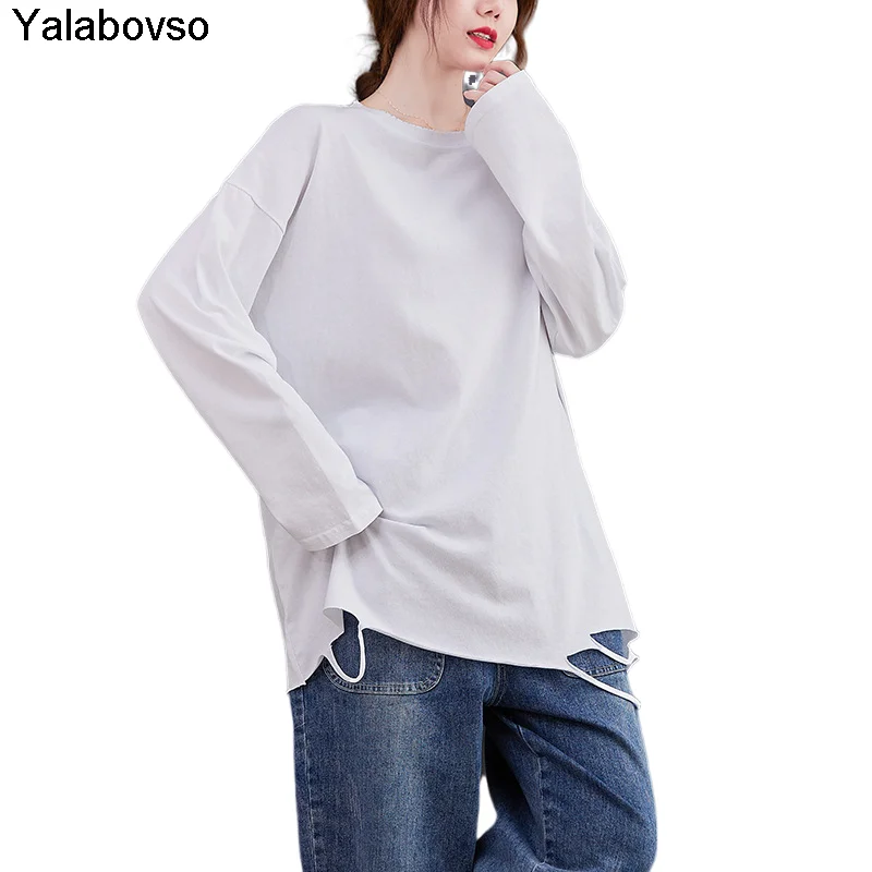 

Autumn 2021 New O Neck Long Sleeve T Shirts Loose Female Hem Hole Pullovers Bottomed Top Thin T-shirt White Color Tees Yalabovso
