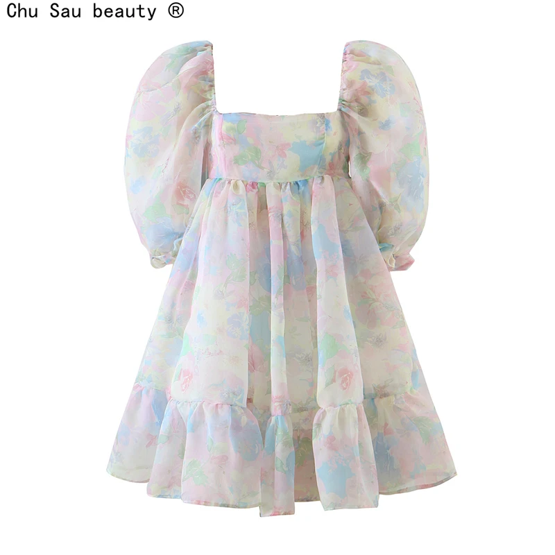 

2021 Summer New Women Sweet Square Collar Organza Puff Sleeve Ruffle Puffy Fairy Dress Holiday Style Fashion Chic Loose