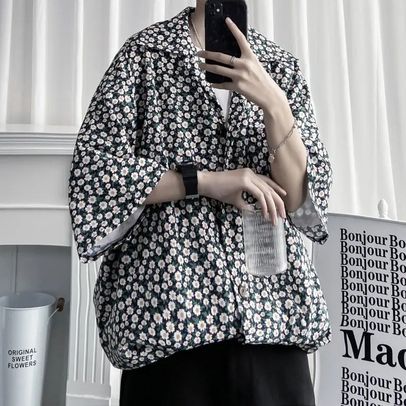 

Summer Flower Shirt Men's Fashion Printed Casual Shirt Men Streetwear Korean Loose Short-sleeved Shirts Mens Hawaiian Shirt