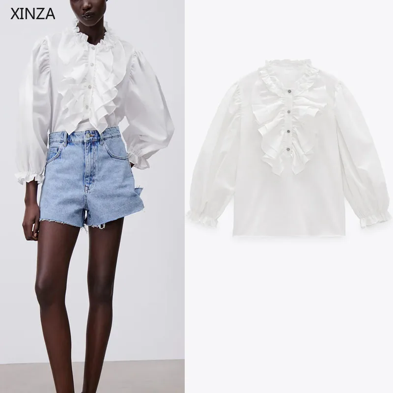 

Женская винтажная рубашка с рюшами ZA, белая блузка на пуговицах с длинными рукавами-фонариками, шикарные мягкие свободные топы, весна 2021