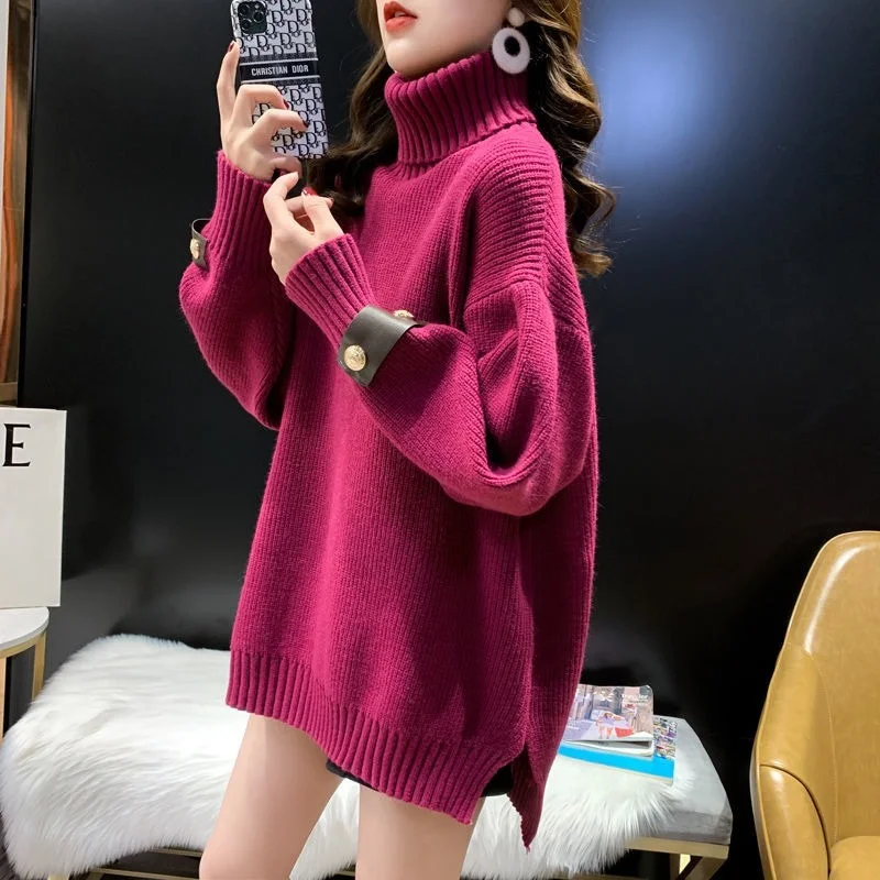

Autumn Winter Women Knitted Turtleneck Sweater 2021 Korean Casual Basic Pullover Jumper Solid Long Sleeve Loose Tops Y167