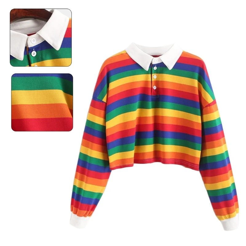

Women Autumn Long Sleeve Cropped Sweatshirt Rainbow Stripes Lapel Buttons Pullover Tops Casual Loose Student Harajuku Streetwea