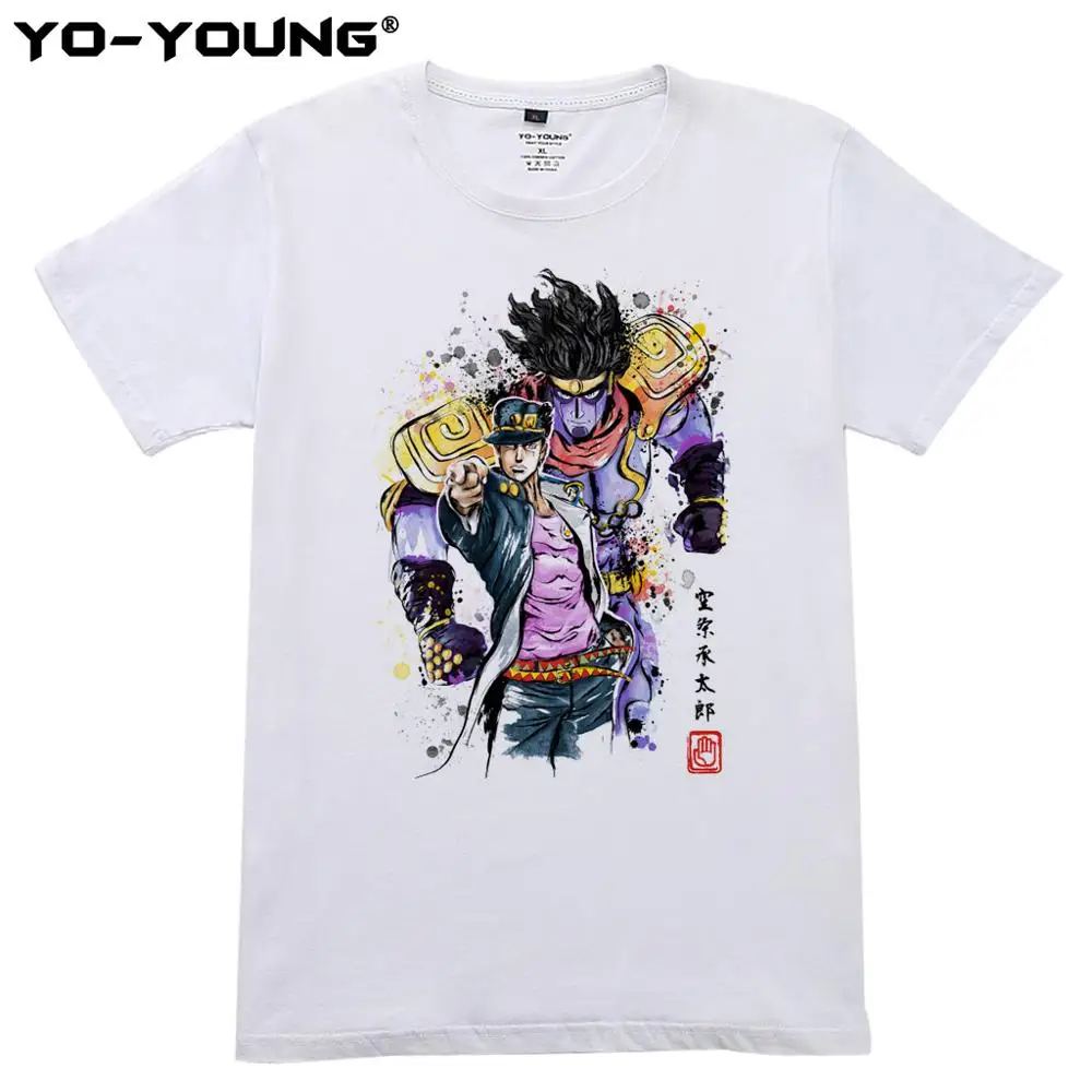 Аниме футболки унисекс для молодых 100% хлопок мужская одежда JOJO Необычные