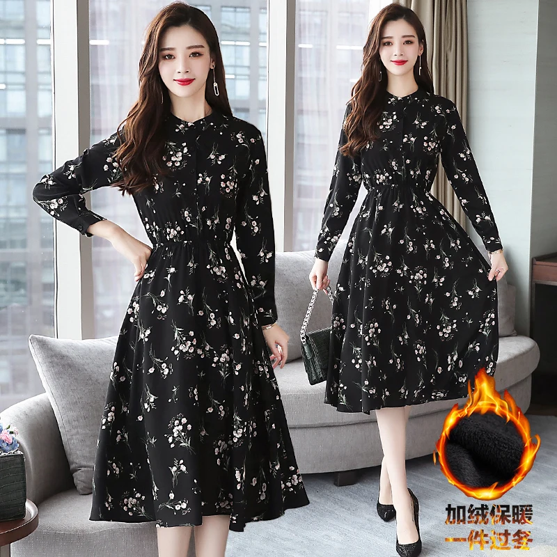 

8690# Winter New Chiffon Fabric Plus Velvet Pad Commuter Dress Warm Long Sleeve Bottom Party Festival Evening Dress