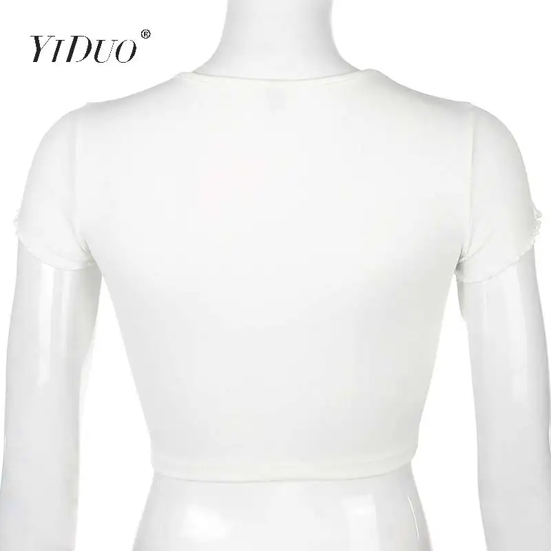 

YiDuo White Casual Butterfly Print Crop Top T Shirt Summer Short Sleeve Women Cotton Tshirt Ladies Fashion Tees Tops 2020 New