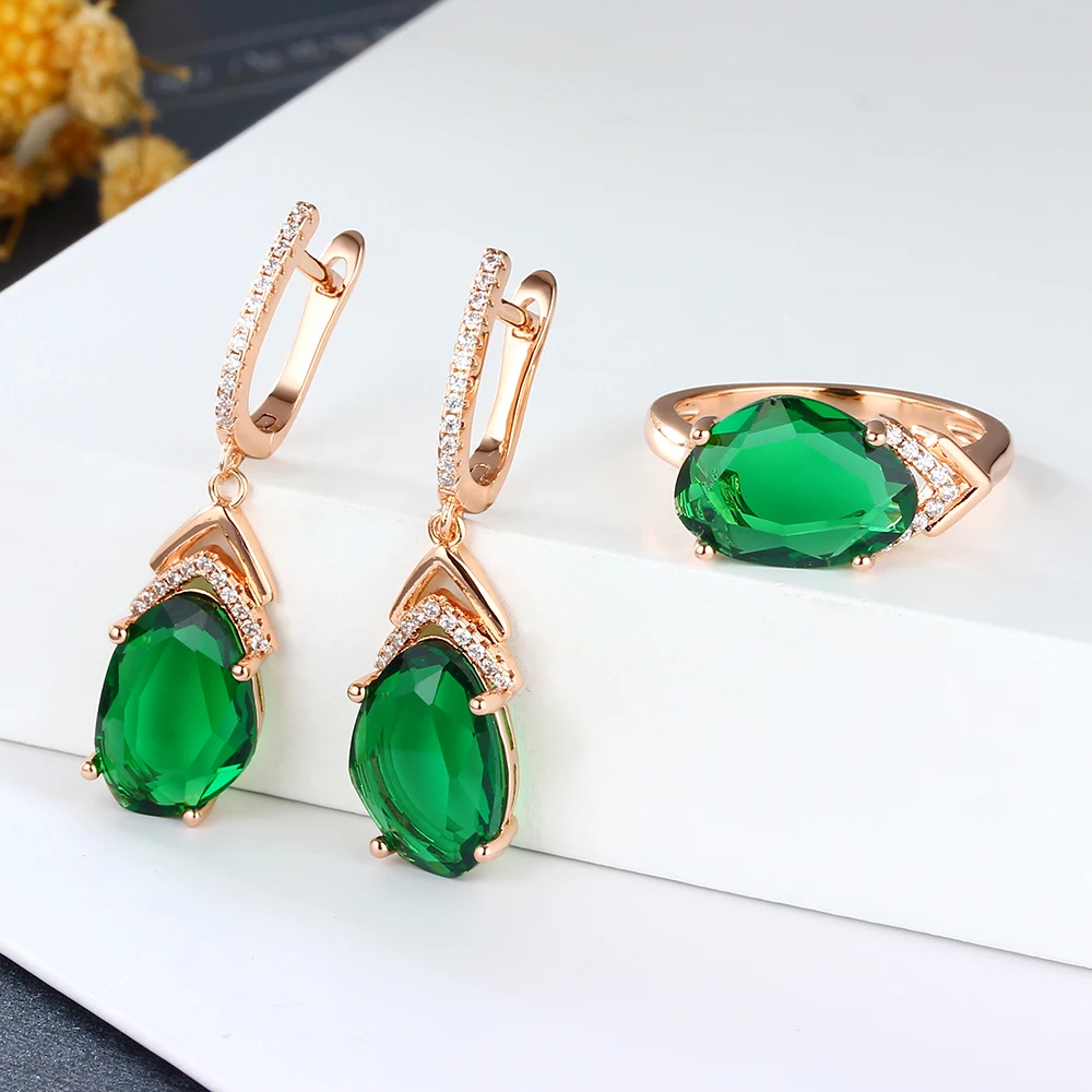 wholesale 2021 trend Ring Earring Jewelry Set For Women Green Fashion Golden jewelry sets Fashion Wedding cute Party Gift