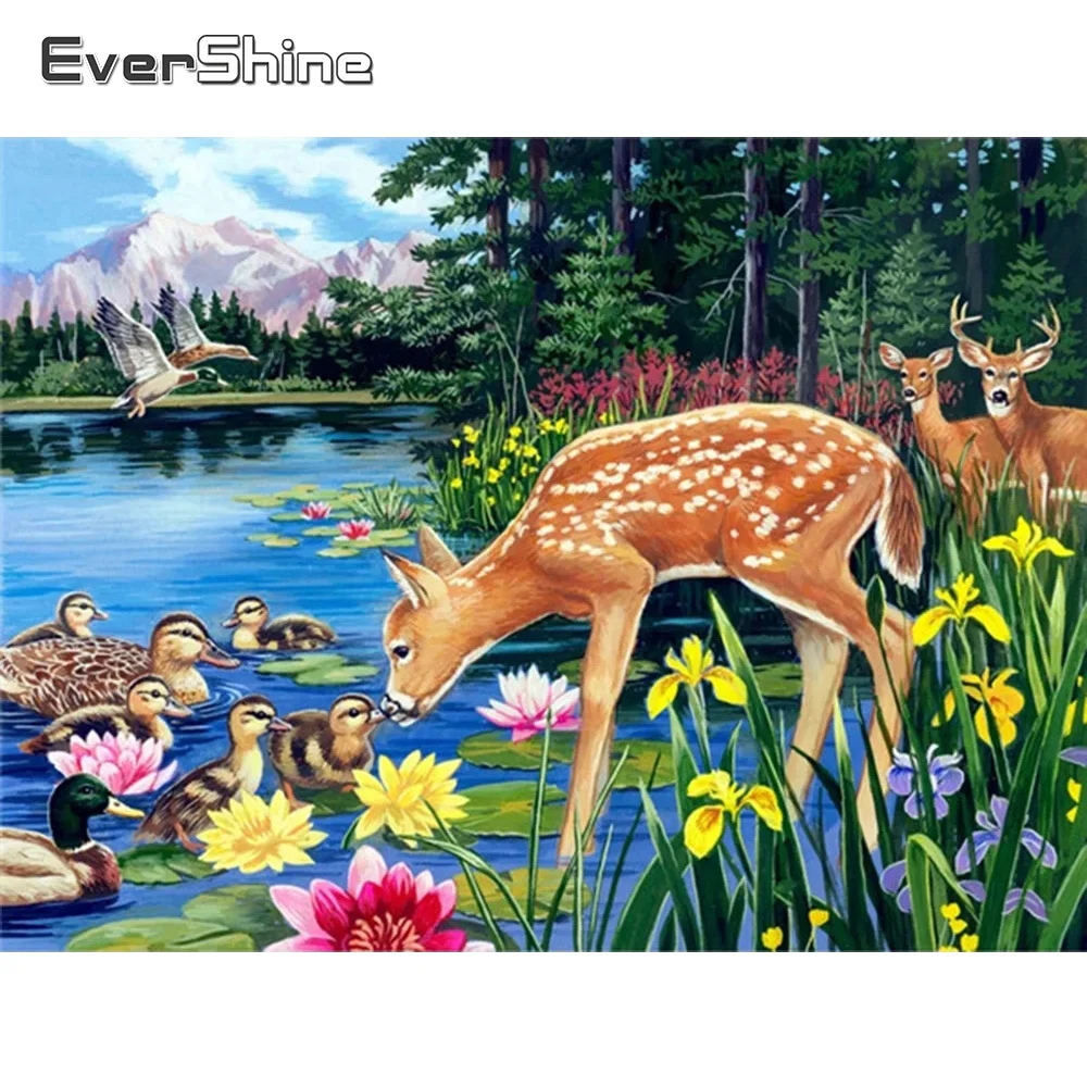

EverShine Diamond Mosaic Full Square Deer Cross Stitch Diamond Painting Animals Picture Rhinestones Lake Needlework Art Gift
