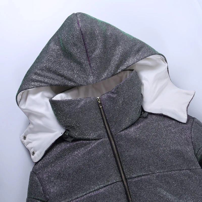 2021 Winter Women Shining Cotton Padded Hooded Coat Fashion Stand Collar Long Sleeve Warm Zipper Outwear Thick Hoodies Jacket