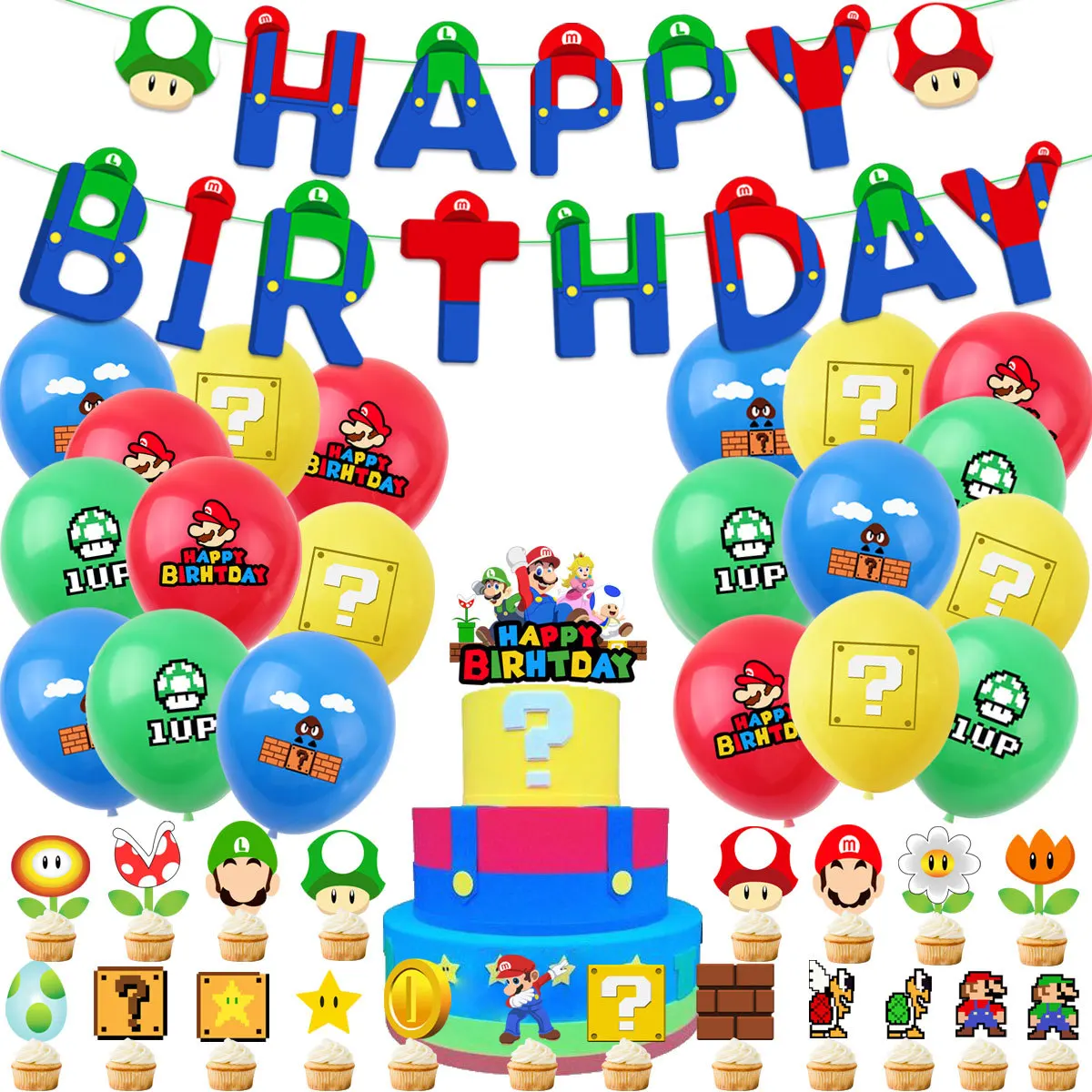Набор декоративных фигурок «Супер Марио» для тематики вечеринки, детские игровые Фигурки Марио, открытки с флагом, набор воздушных шаров, п...