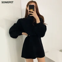 female autumn winter casual knitwear dress loose two piece set solid mock neck thick warm knitted pullover women long sweaters
