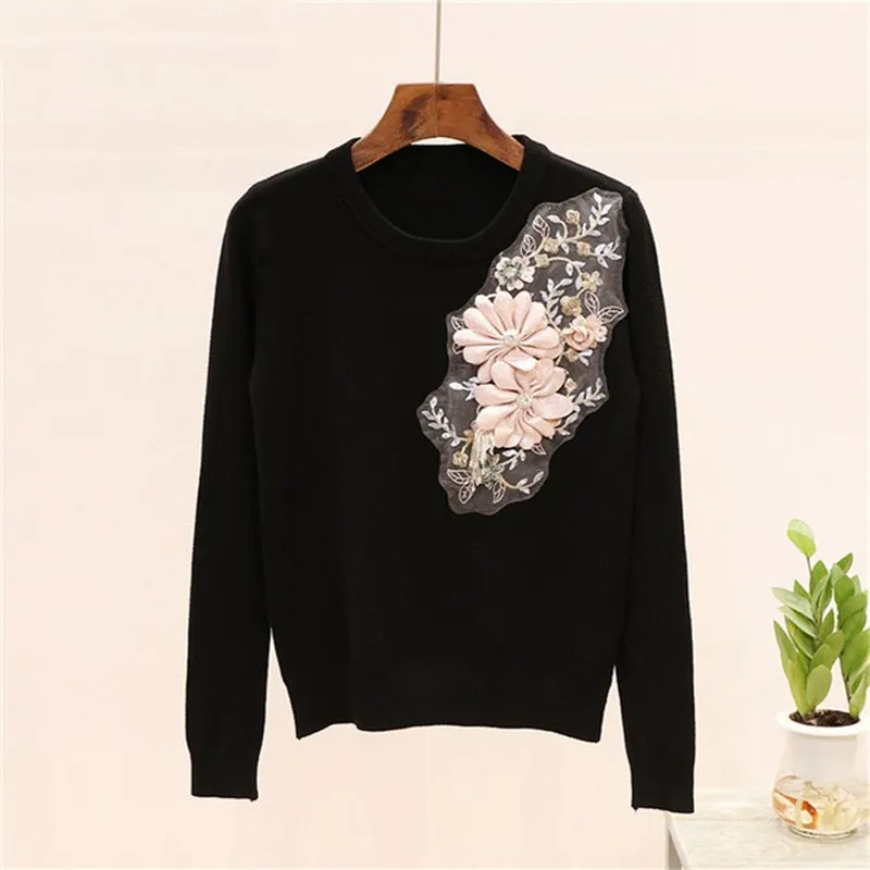 Новый женский повседневный костюм с вышивкой вязаный 3D пуловер в цветочек и