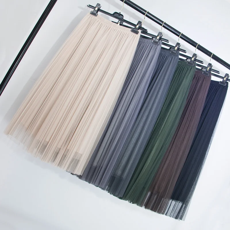 Газовая юбка летняя Корейская однотонная многослойная фатиновая длинная