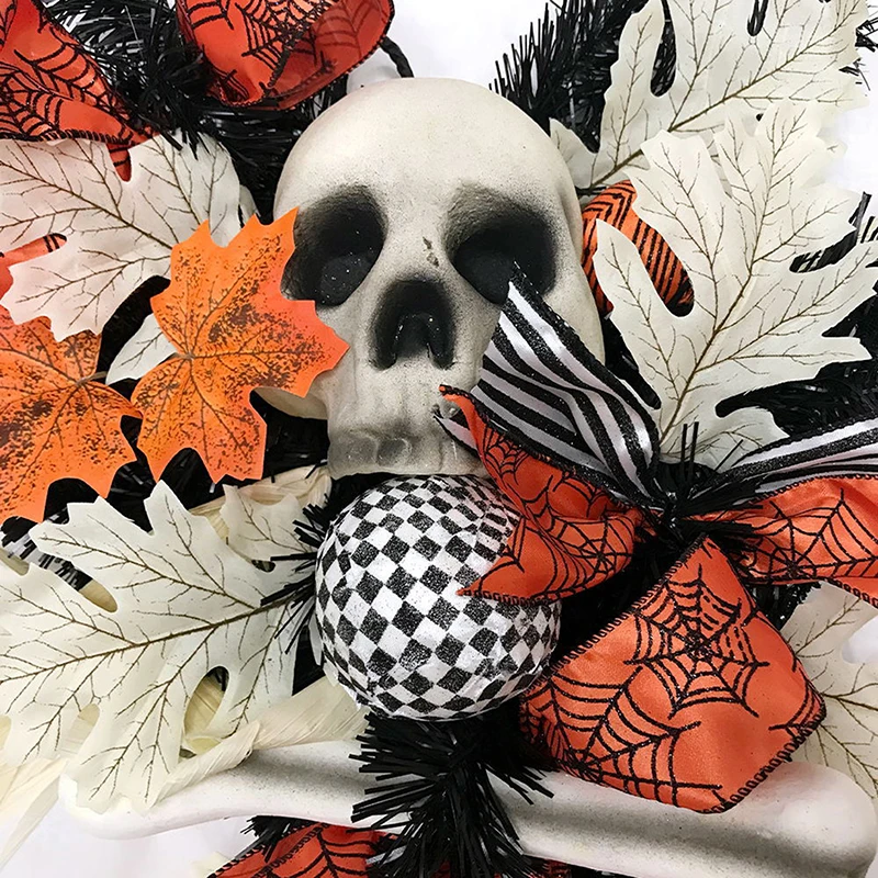 Decoraci&oacute;n de calavera de esqueleto de Halloween, adorno colgante de hoja de arce de calabaza, corona de puerta, decoraci&oacute;n de pared interior-1