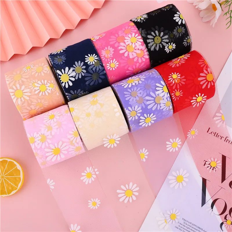

6cm/8cm/10cm/12cm 25Yards Small Daisy Printed Mesh Roll Tulle Ribbon Fabric DIY Craft Wedding Home Birthday Decoration Material