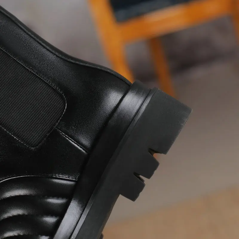 

Elastic Band Genuine Leather boots 2020 Winter Newest Mid-Calf Boots Round Toe Platform Chunky Heels Pumps Basic Shoes Woman