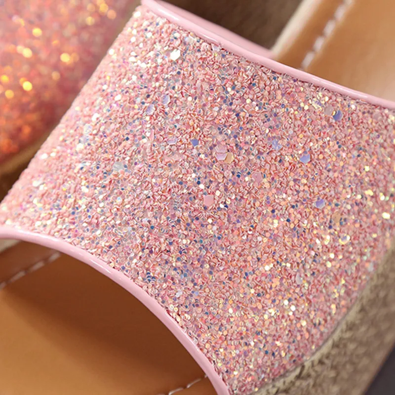 

Summer Wedge Slippers Women Bling Sequins Fashion Casual Black Ladies Shoes Platform High Heels Women Slip-on Non-slip Slipper
