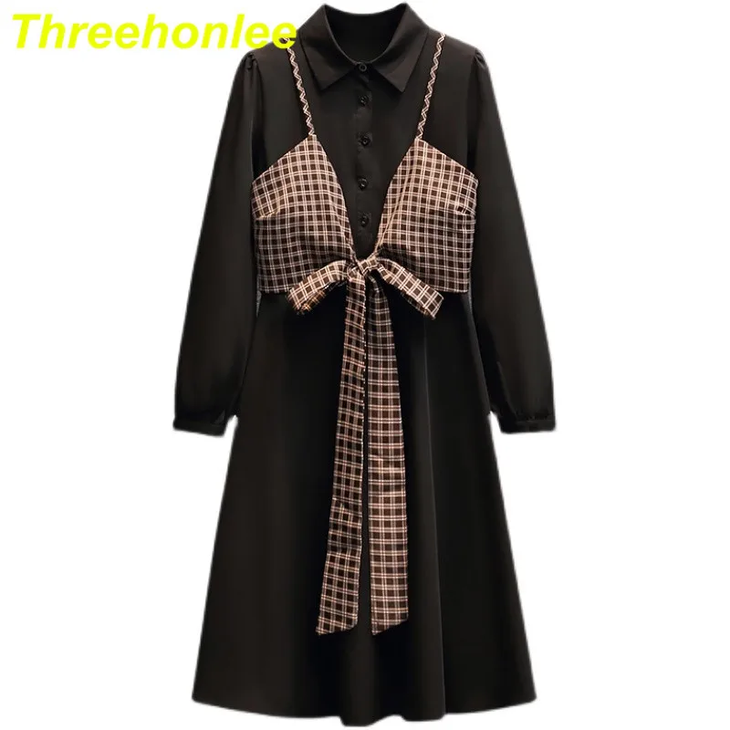 

Threehonlee 2021 Spring Summer Women's Casual Dress Fake 2 Pieces Plaid Bow Vest Patchwork Knee-Length Office Lady Shirt Dress