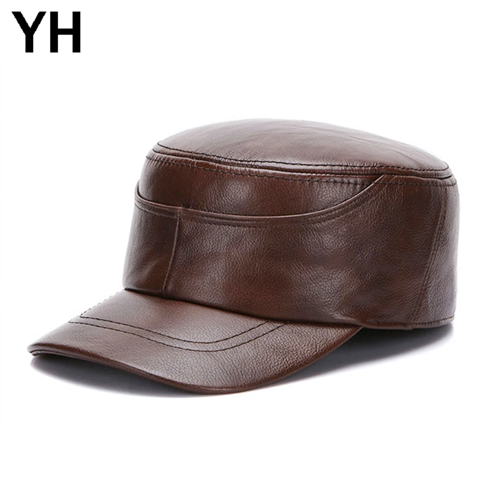 Hot Sale Winter Men Real Cowhide Leather Military Hats male 100% Genuine Cow Caps Fashion Top Flat Cap |