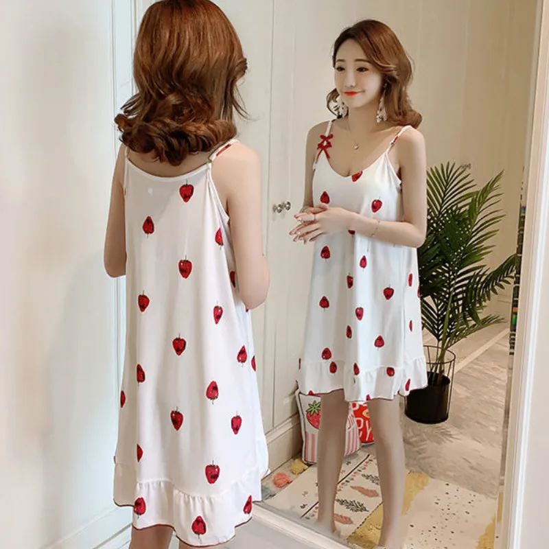 

Summer Girl Students Women's Cute Nightdress Sleeveless Cartoon Print Sleep Dress Casual Sleepwear without Blindfold