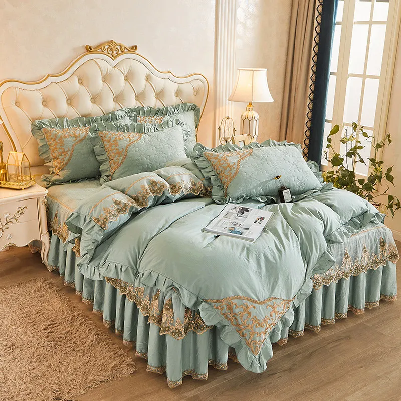 

Korea Lace Bedding Set Cotton Green Bedroom Queen King Size Quilt Duvet Cover Set Romantic Quilted Bedspread with 2 Pillow Shams