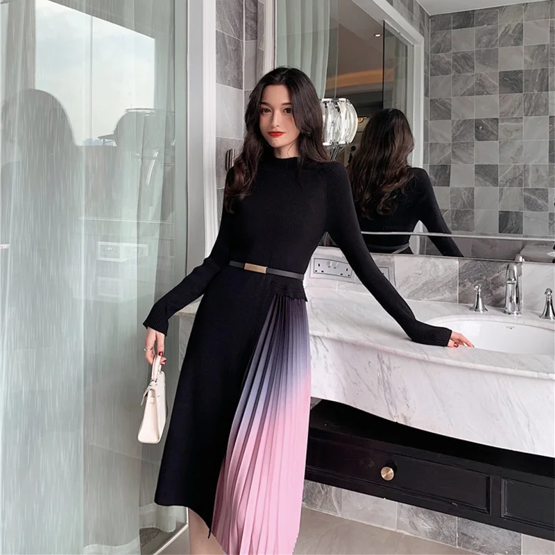 

Knitted Patchwork Gradient Pink Pleated Dress Women Autumn Winter Elegant Party Long Sleeve One-Piece Sweater Dress