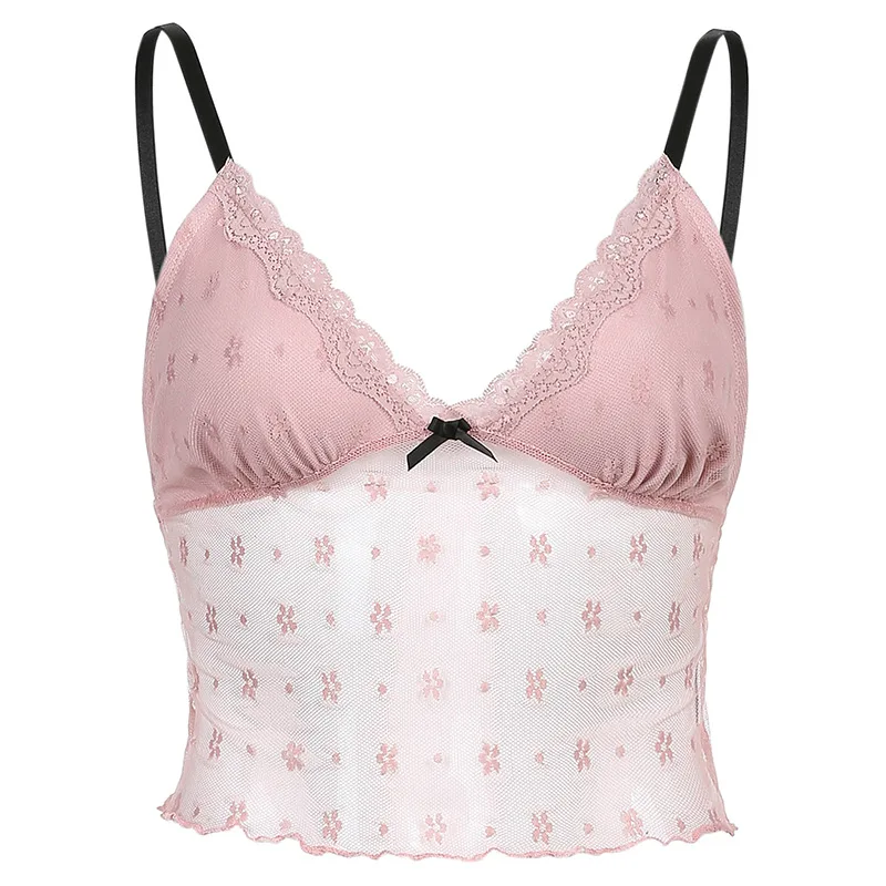 

Oluolin Women E-girl Sweet Spaghetti Strap Deep V Lace Camis Patchwork Sexy Low Cut Tank Top Y2K Summer Club Crop Tee