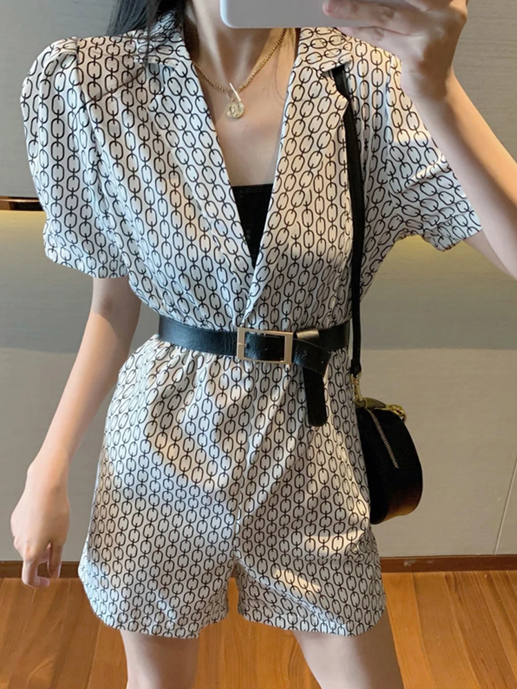 

Casual jumpsuit female summer Korean suit collar short sleeve high waist jumpsuit wide leg shorts rompers overalls