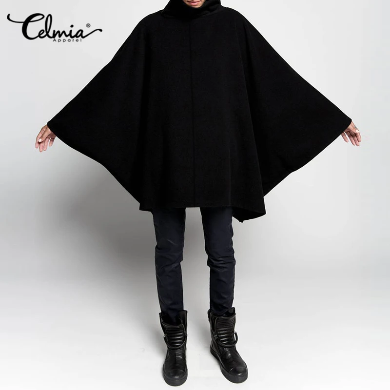 

Women Winter Bat Sleeve Capes Celmia 2022 Fashion Stand Collor Zipper Cloaks Casual Loose Warm Woolen Cape Coats Solid Outerwear