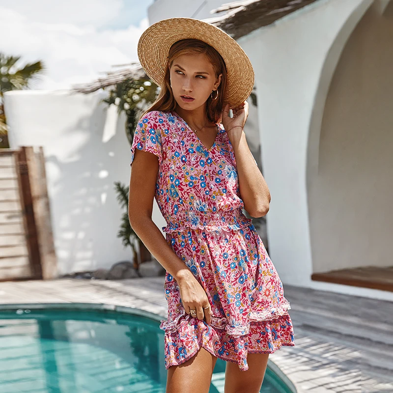 Women Vintage Short Sleeve Print Dress V-neck Boho Floral Ruffle Wrap Tunic Bandage Mini Dresses Female Summer Holiday Sundress | Женская