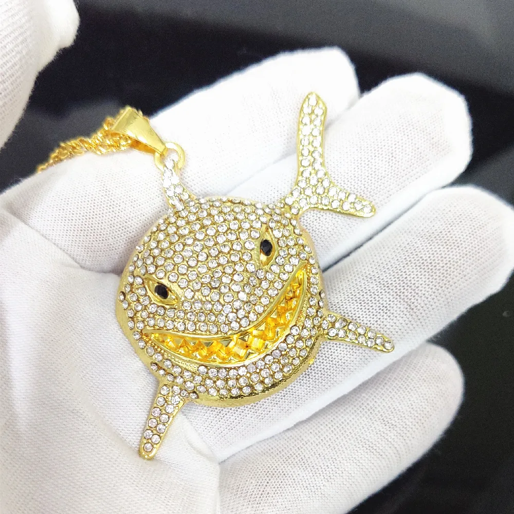

Hip Hop Iced Out Bling Cubic Shark Pattern Drip Crown Zircon Letters Necklaces & Pendant Chain For Men Jewelry with Rope Chain