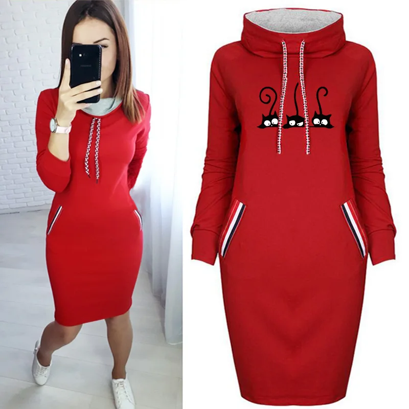 

Cute Cats Print Autumn Winter Bodrcon Dress Plus Size Long Sleeve Turtleneck Party Casual Black Pencil Dresses Female Streetwear