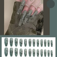 long ballerina nail with design green black flower false nail nail decor nails extension artificial nail manicure tools