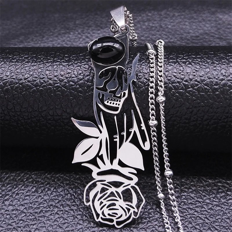 

2023 Gothic Skull Hand Rose Black Natural Stone Stainless Steel Necklaces Silver Color Chain Necklaces Jewery collier N4426S04