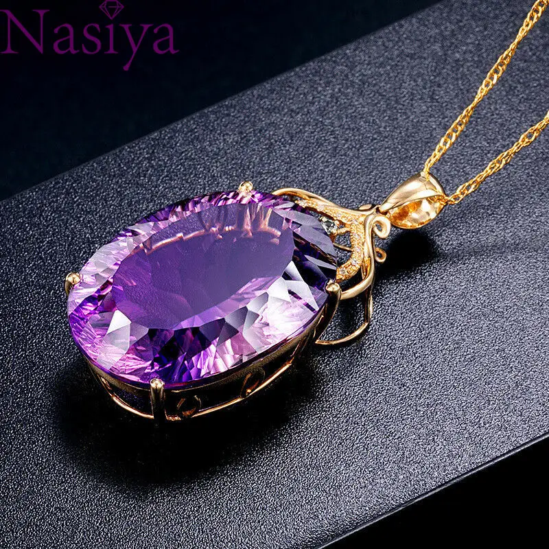 Драгоценный камень Charm18k позолота 36CT аметист цвет Овальный кристалл кулон