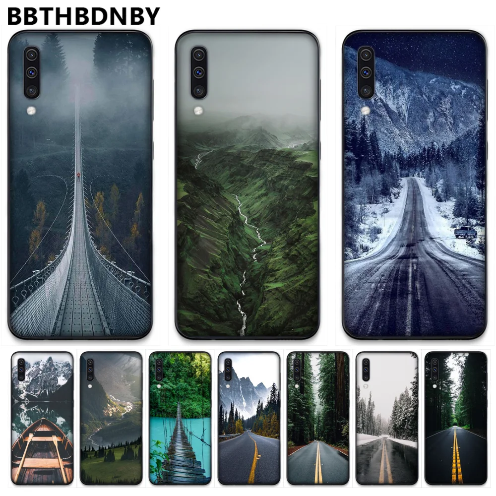 Travel mountain road scenery TPU black Phone Case Cover Hull For Samsung S6 S7 edge S8 S9 S10 e plus A10 A50 A70 note8 J7 2017 | Мобильные