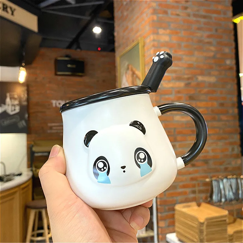 

500ml Lovely Panda Ceramic Mug With Lid Spoon Personalized Black And White Office Autumn Milk Coffee Cup