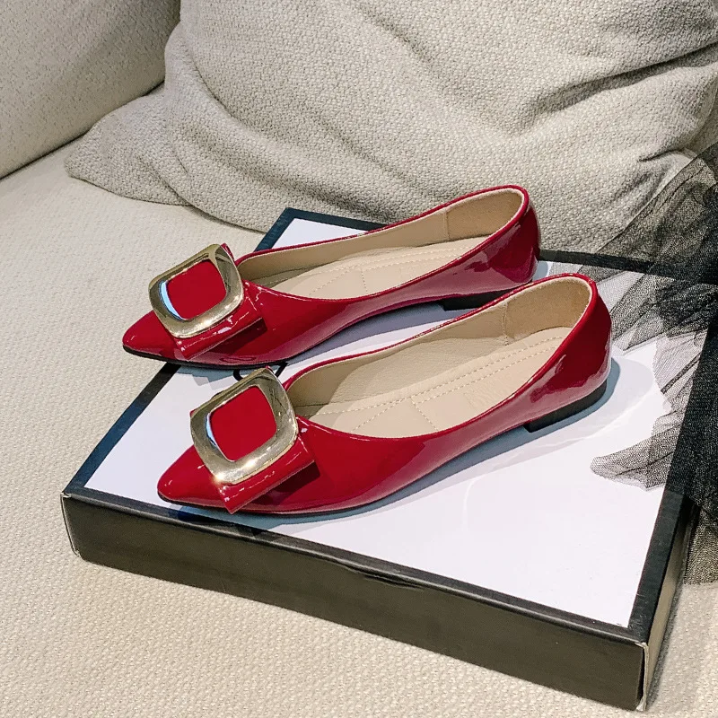 

Pointed Toe Casual Woman Shoe Modis Patent Leather Ballet Flats All-Match Shallow Mouth Autumn Buckle Female Footwear New 2021 F