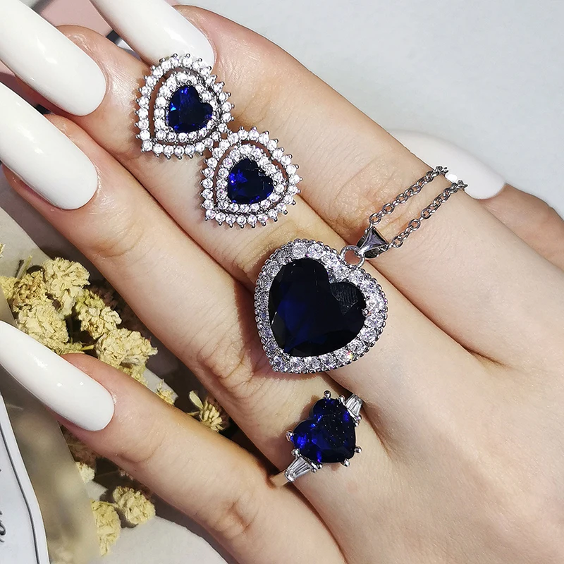 

2022 3pcs Trendy Blue silver color bride Dubai Jewelry Set Earring Ring Pendnat for Women Wedding Christmas Party Gift J6735