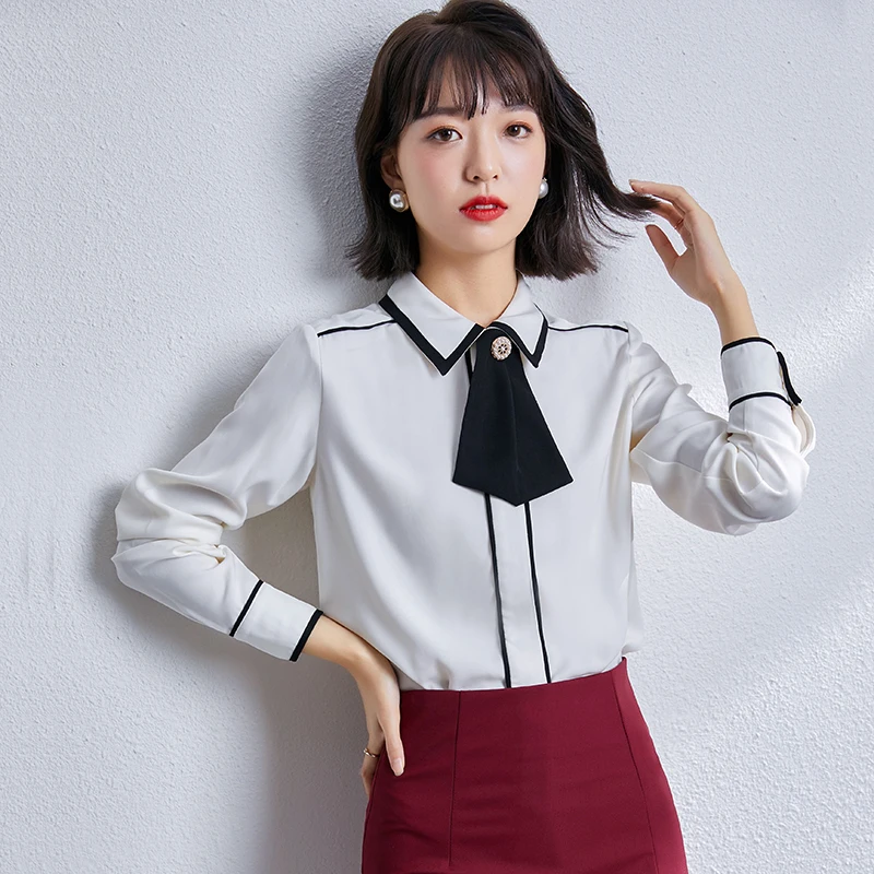 

Korean Silk Women Shirts Satin Blouse for Women Bow Tie Silk Shirts Blouses Woman Office Lady Satin Blouse Tops Plus Size Shirt