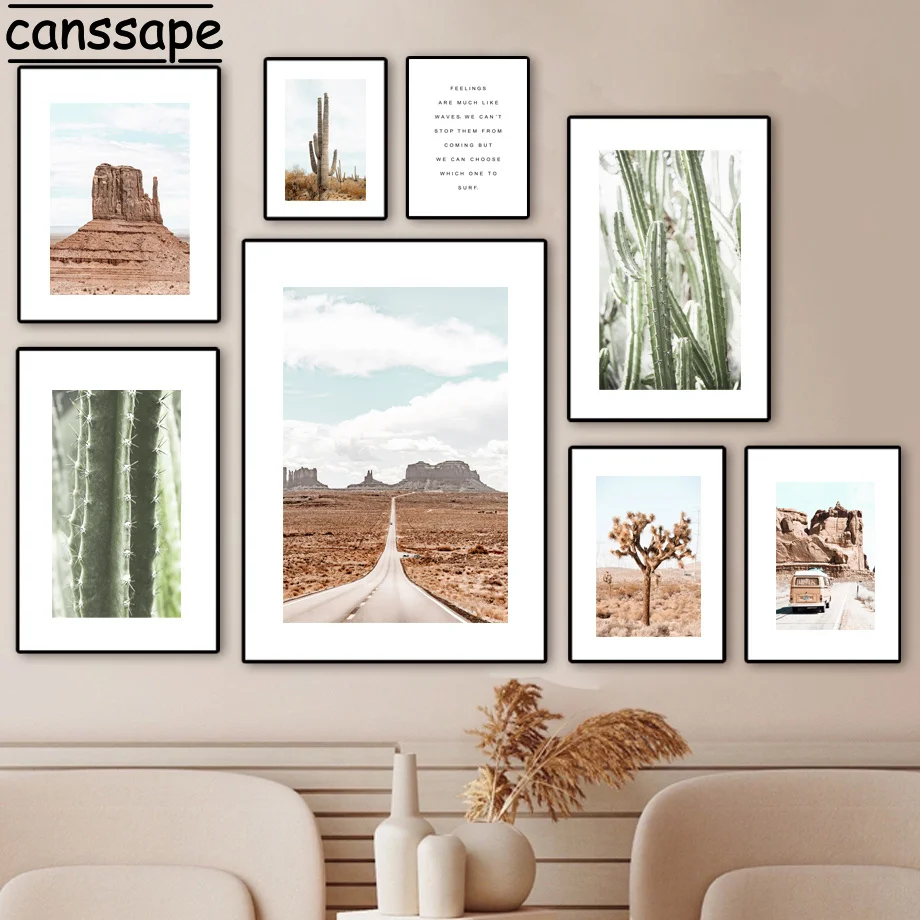 

Tropical Desert Wall Painting Highway Prints Car Canvas Poster Giant Cactus Print Landscape Posters Nordic Aesthetic Room Decor