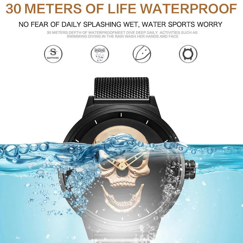 Часы наручные мужские кварцевые модные повседневные брендовые с золотым черепом