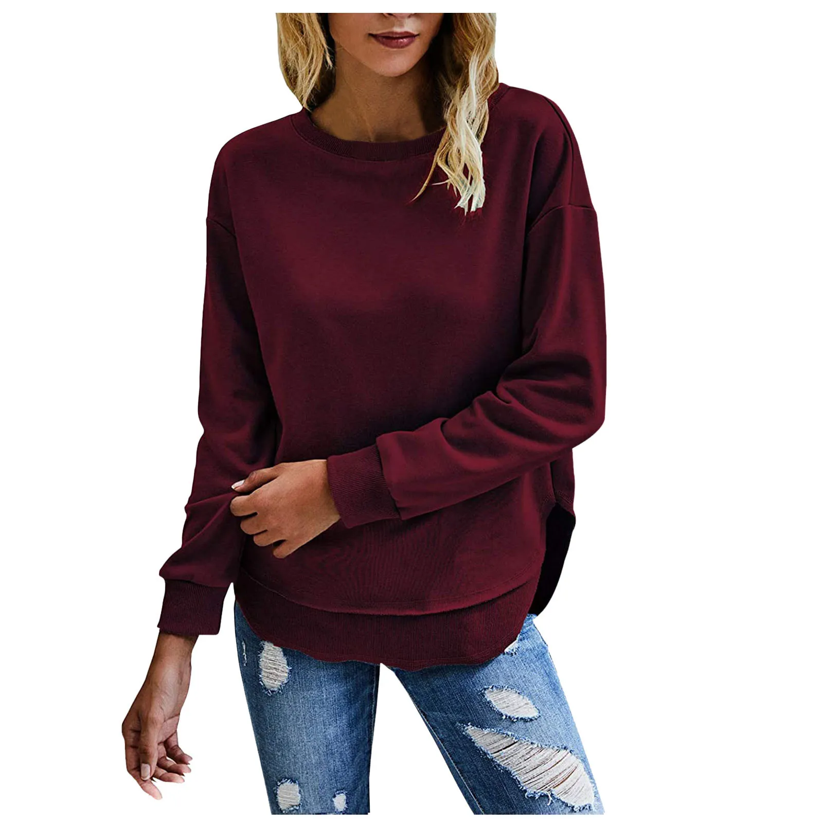 

Женский свитшот с круглым вырезом, осенне-зимняя однотонная Толстовка в стиле Харадзюку, Повседневный пуловер с длинным рукавом и спущенны...