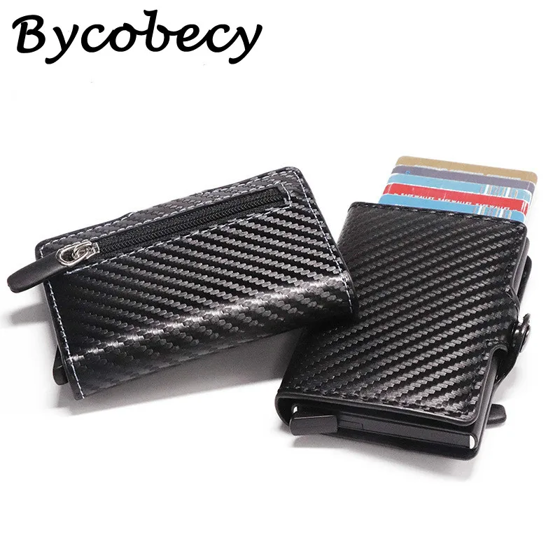 

Bycobecy Top Quality Carbon Fiber Anti RFID Credit Card Holder Business Men Button Wallet Male Coin Purse ID Holder With Zipper