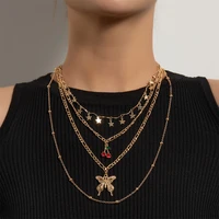 multi layer butterfly pendant necklace clavicle chain inlay rhinestone cherry star charm choker necklaces for women party jewelr