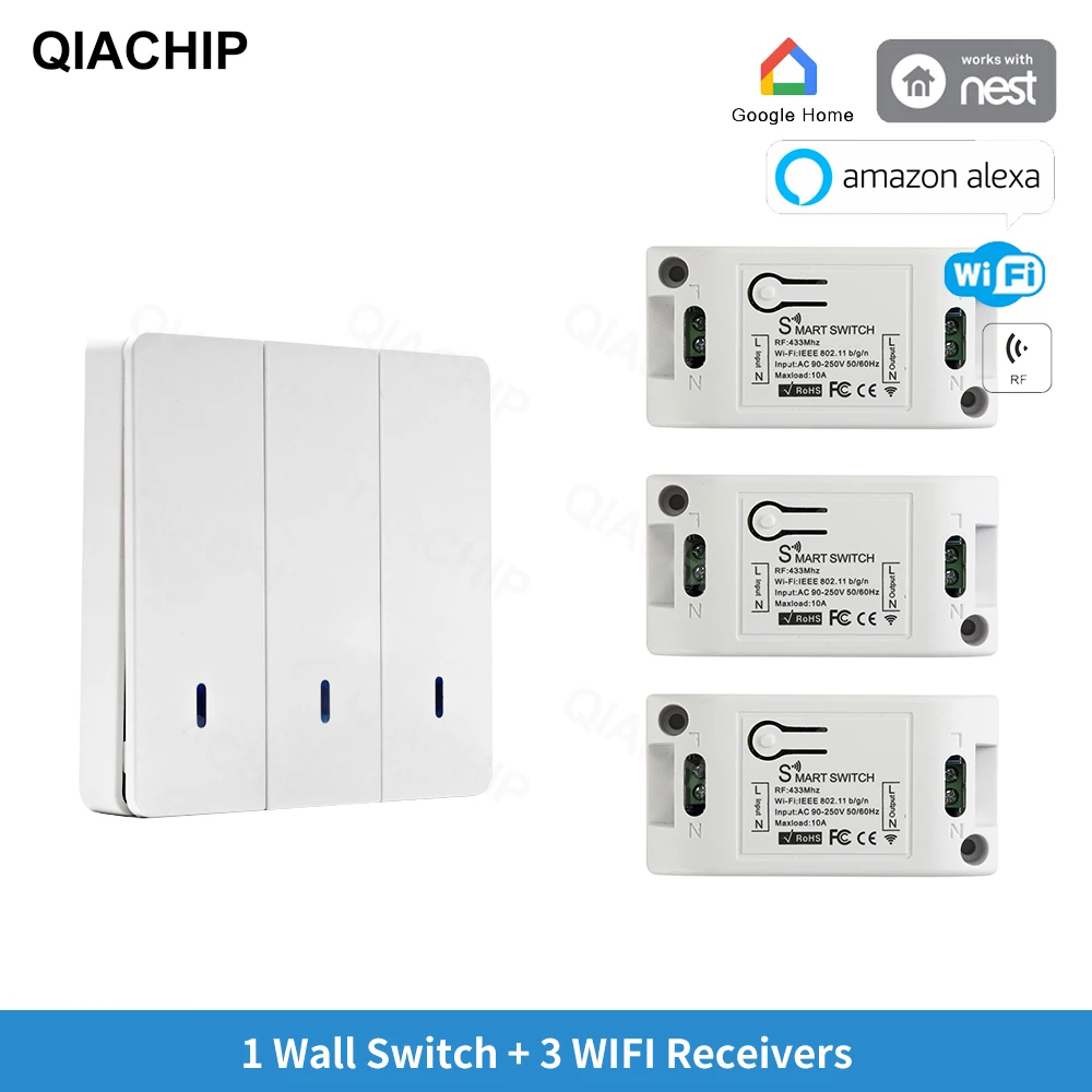 QIACHIP Tuya Smart Life APP push WiFi выключатель светильник AC 110 В 220 RF 433 МГц настенное реле DIY
