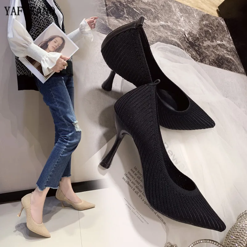 

Knitted Women Pumps High Heels Women Shoes Fashion Lady Shoes Pointed Toe Thin Heels Ladies Shoes 2020 New Party Shoes Woman